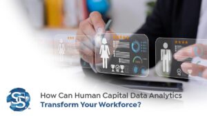 A business professional analyzing digital human capital data analytics with futuristic holographic employee profiles displaying performance metrics, ratings, and achievements.