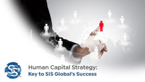 A business professional pointing at a digital network of human icons, highlighting one in red, symbolizing strategic talent management and human capital strategy.